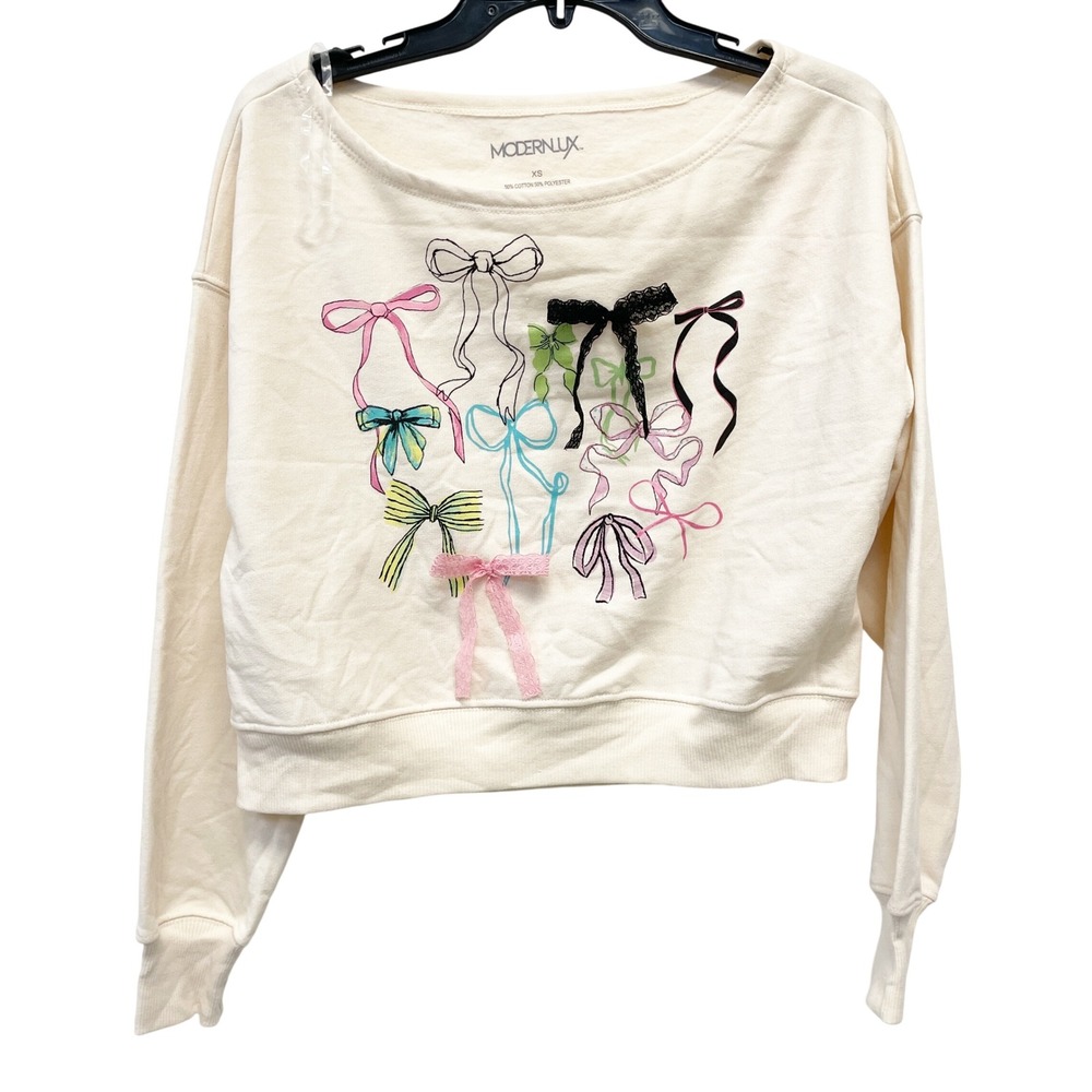 Modern Lux Women's Cream 3D Ribbon Bow Graphic Cropped‎ Sweatshirt Size XS